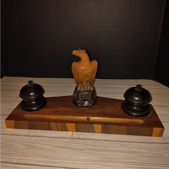 Other - Vintage Wooden Carved Eagle Figure Double Inkwell & Pen Holder Office Desk Decor